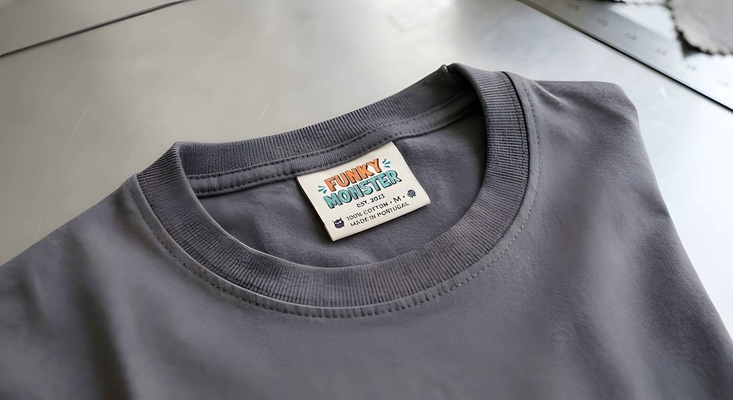 Close study of the printed collar seam and woven neck label on a steel inspection table