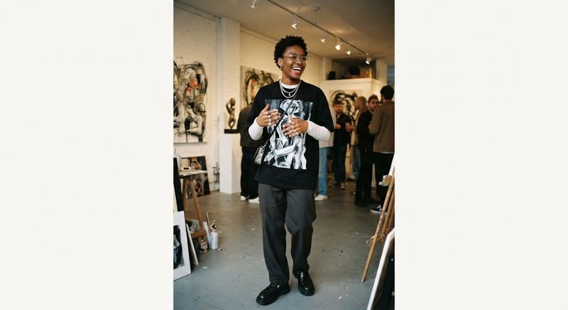 Person in an art gallery wearing a dark figurative graphic tee over a white long sleeve