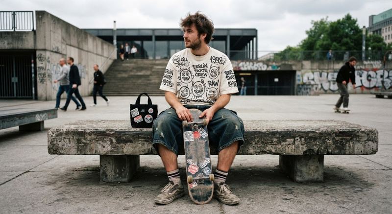 Skater on a concrete bench wearing a cream monster-face tee