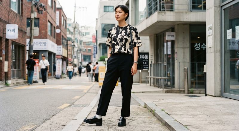 Woman on a city street wearing the black and cream figurative tee